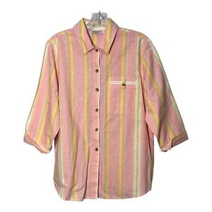 Liz Baker Blouse Shirt Womens Size PM Linen Blend Pink 3/4‎ Sleeve Button Down